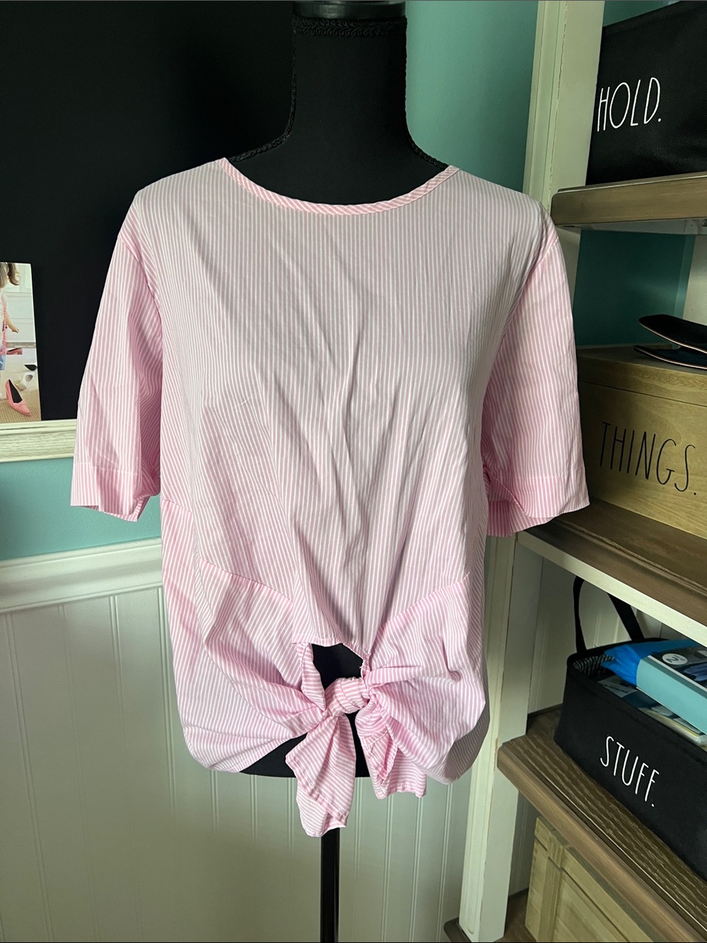 Light Pink Striped Tie-Front Blouse
